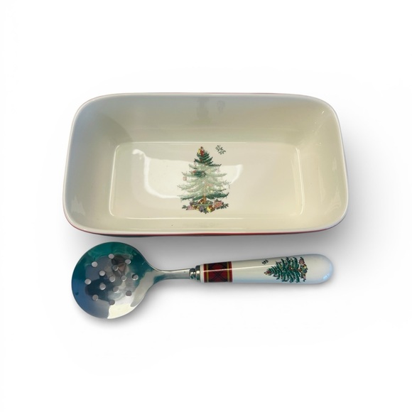 Spode Christmas Tree Tartan serving dish with a slotted spoon Set Of 2 - Picture 5 of 6